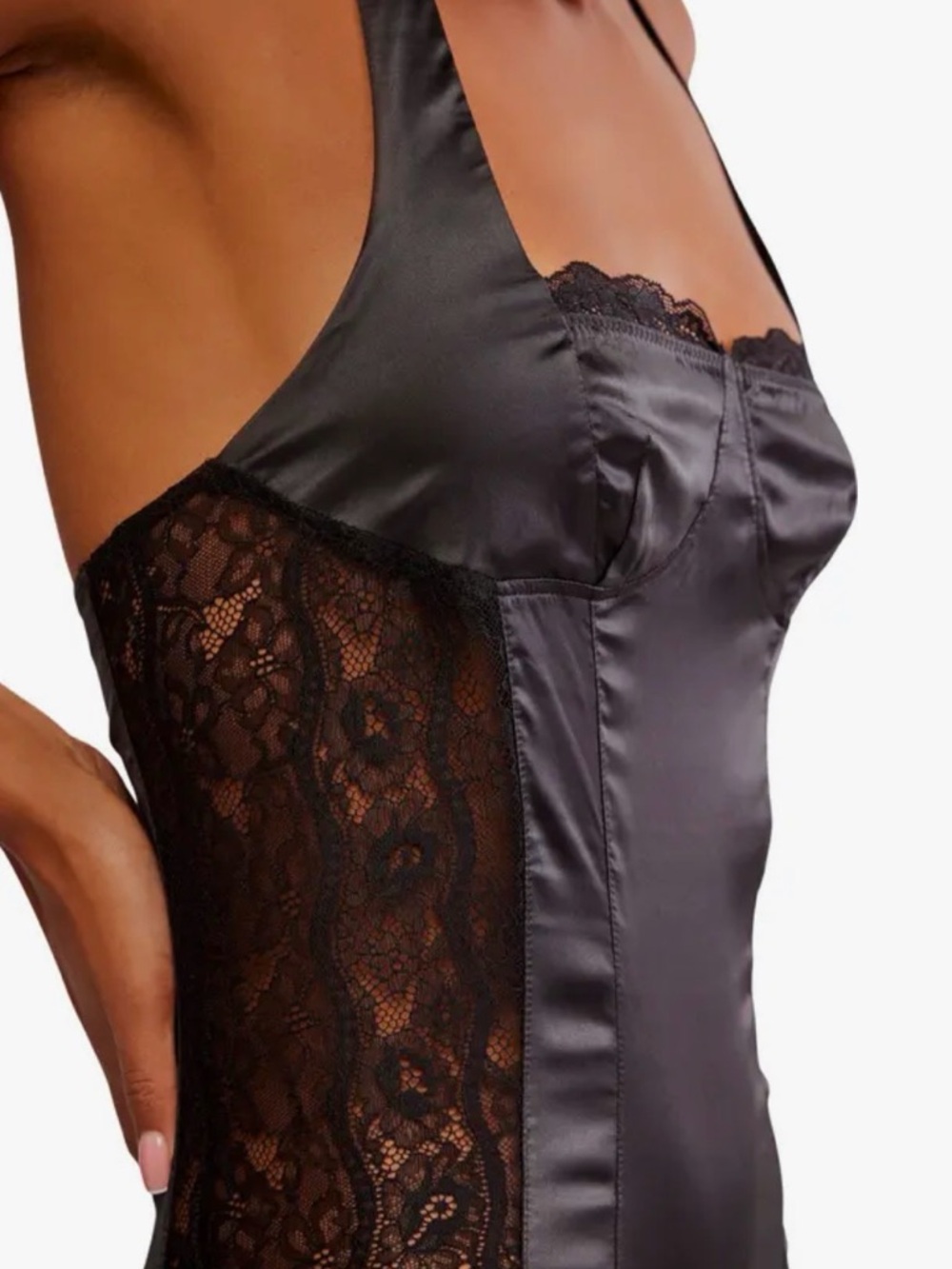 NWT Free People Midnight Muse Lace Inset Black Satin Halter Bodysuit Top XS